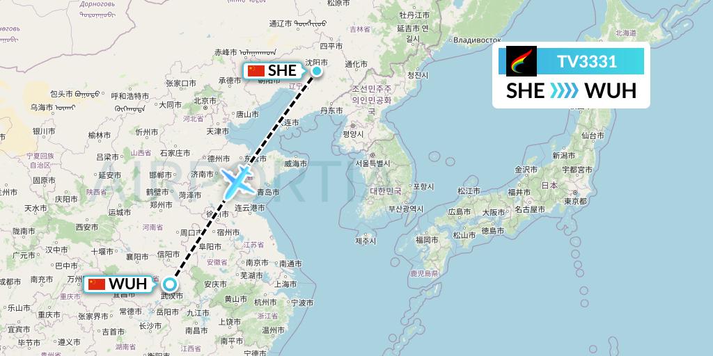 TV3331 Tibet Airlines Flight Map: Shenyang to Wuhan