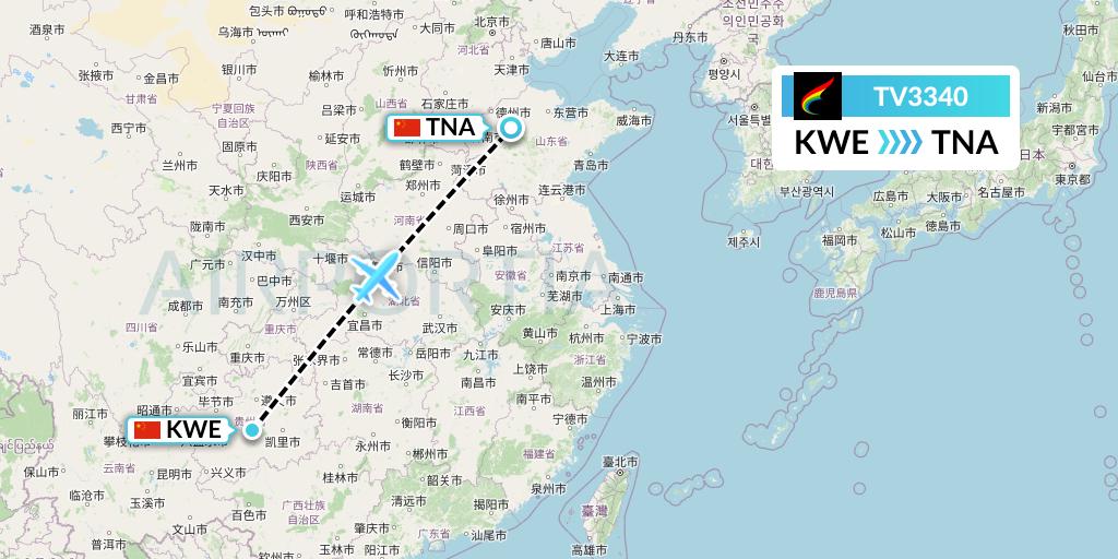 TV3340 Tibet Airlines Flight Map: Guiyang to Jinan