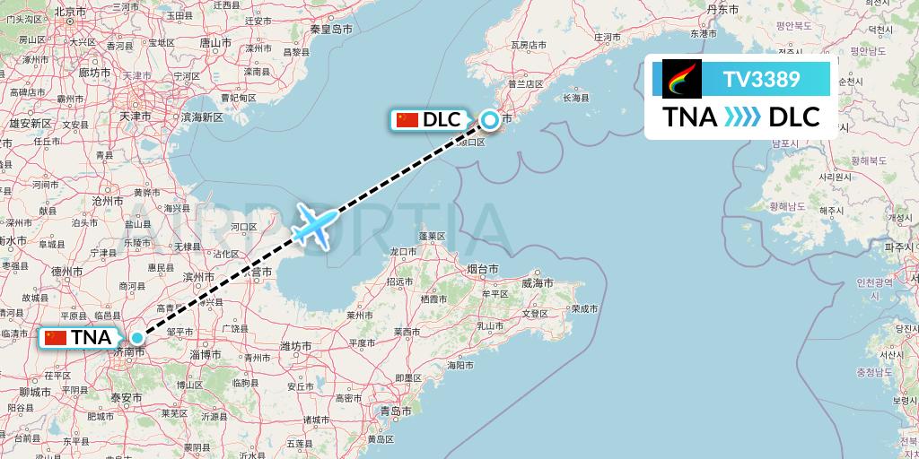 TV3389 Tibet Airlines Flight Map: Jinan to Dalian