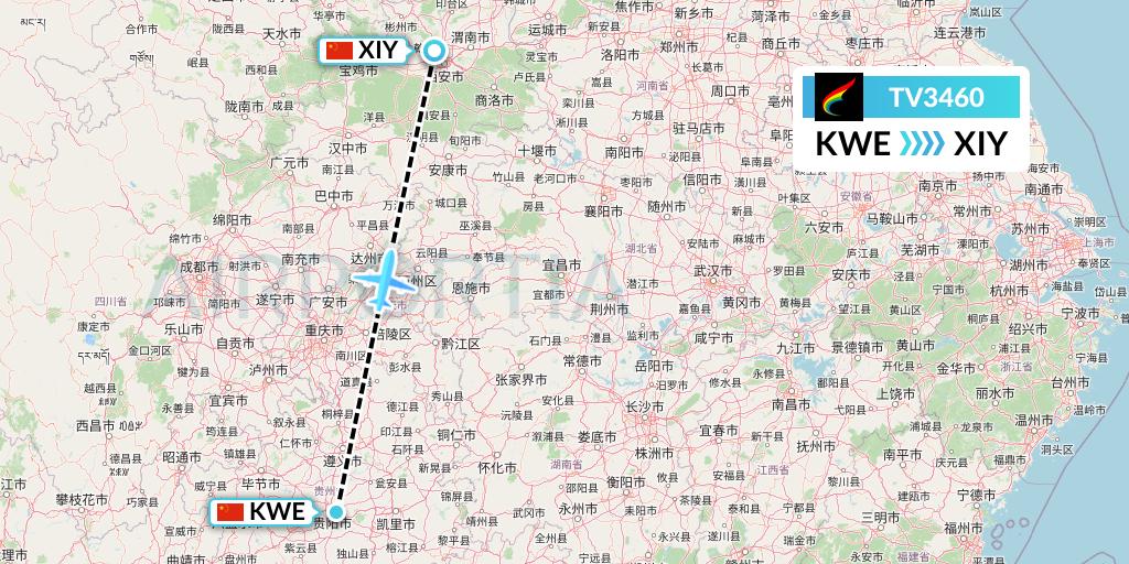 TV3460 Tibet Airlines Flight Map: Guiyang to Xi'an