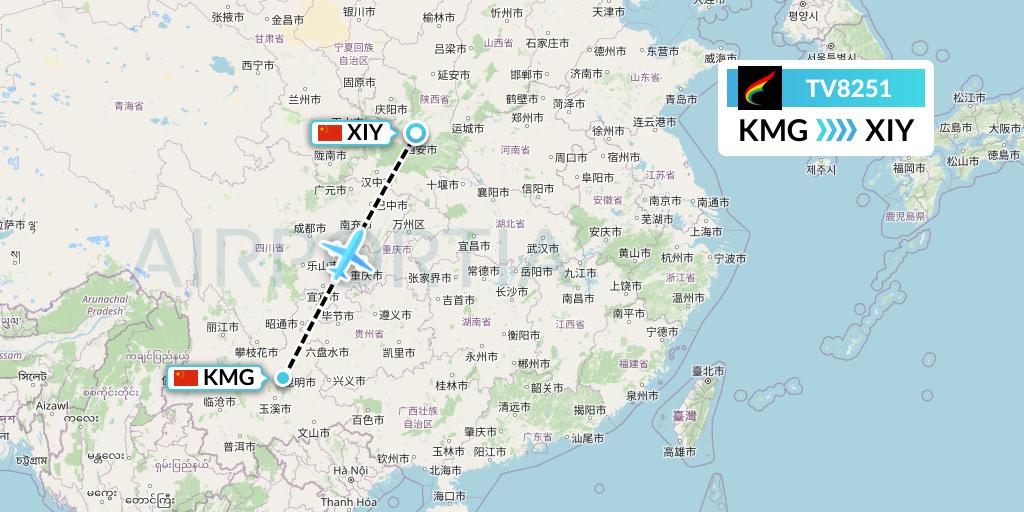 TV8251 Tibet Airlines Flight Map: Kunming to Xi'an