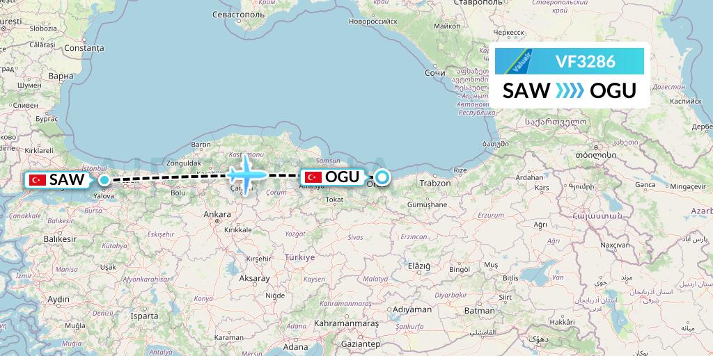VF3286 ValuAir Flight Map: Istanbul to Ordu