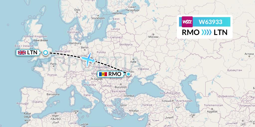 W63933 Wizz Air Flight Map: Chisinau to London
