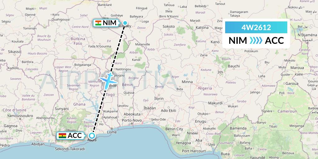 4W2612 Warbelows Air Ventures Flight Map: Niamey to Accra