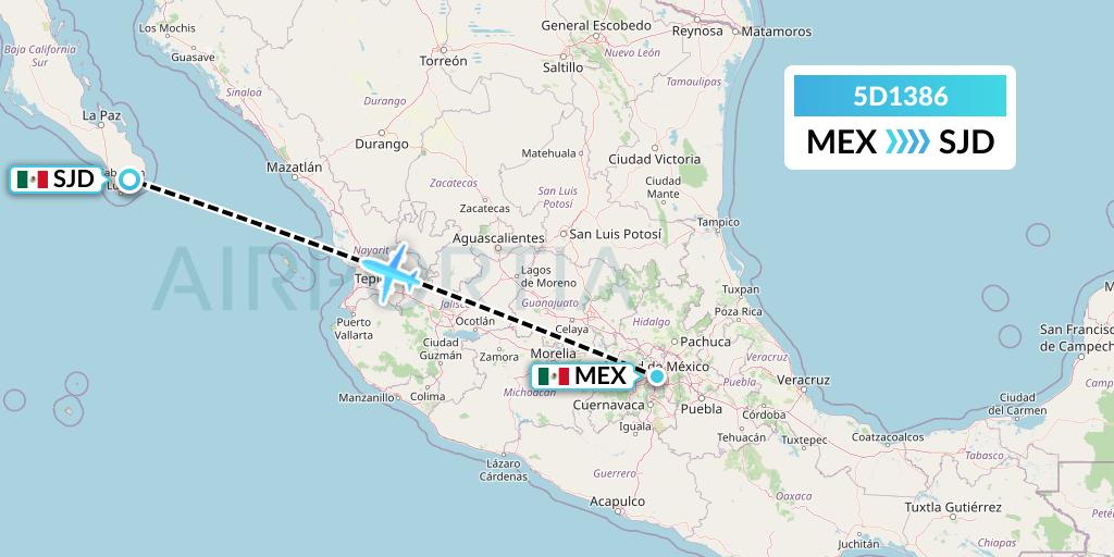 5D1386 Aeromexico Connect Flight Map: Mexico City to San Jose del Cabo