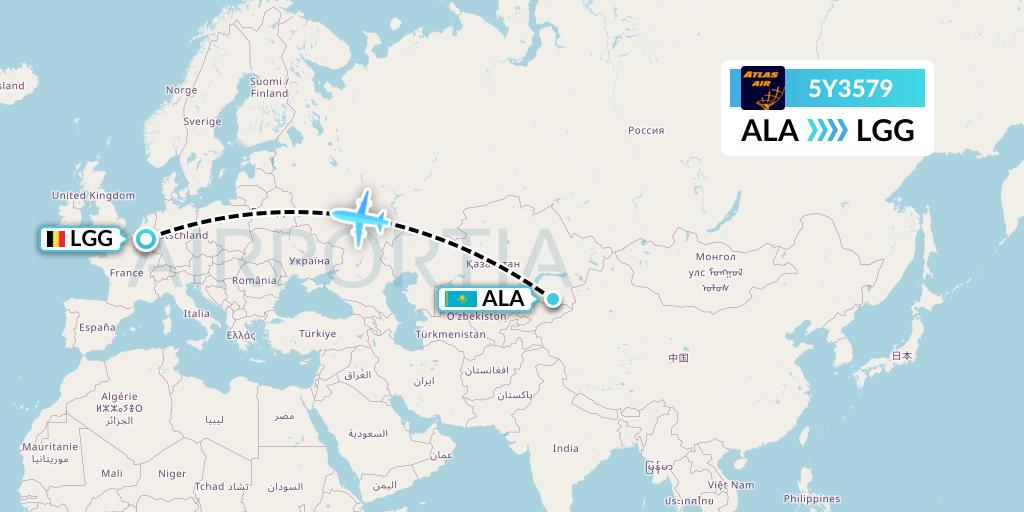 5Y3579 Atlas Air Flight Map: Almaty to Liege