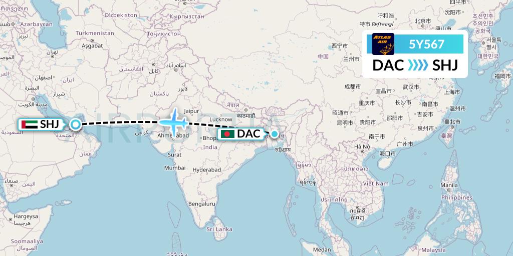 5Y567 Atlas Air Flight Map: Dhaka to Sharjah