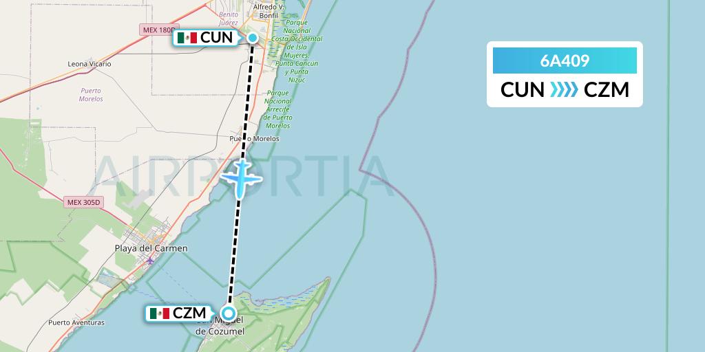 6A409 Armenia Airways Aircompany CJSC Flight Map: Cancun to Cozumel