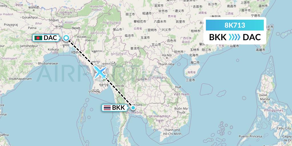 8K713 K-Mile Air Flight Map: Bangkok to Dhaka