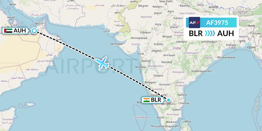 AF3975 Air France Flight Map: Bangalore to Abu Dhabi