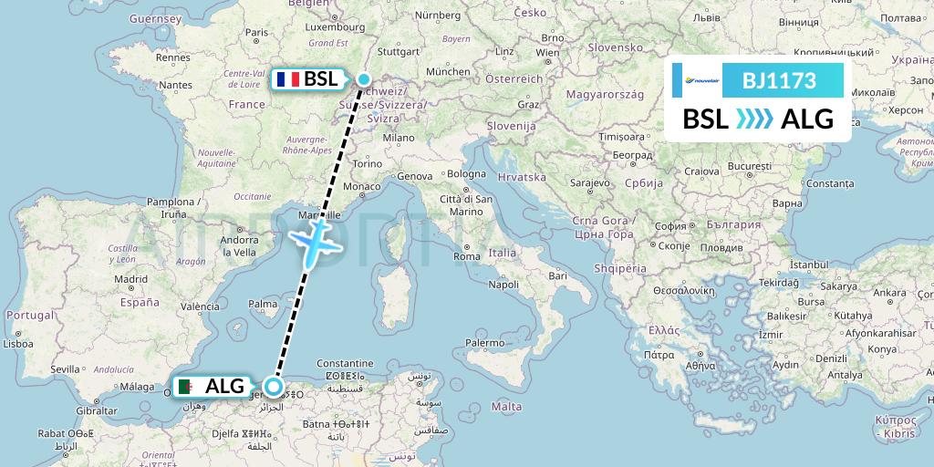 BJ1173 Nouvelair Tunisie Flight Map: Basel to Algiers