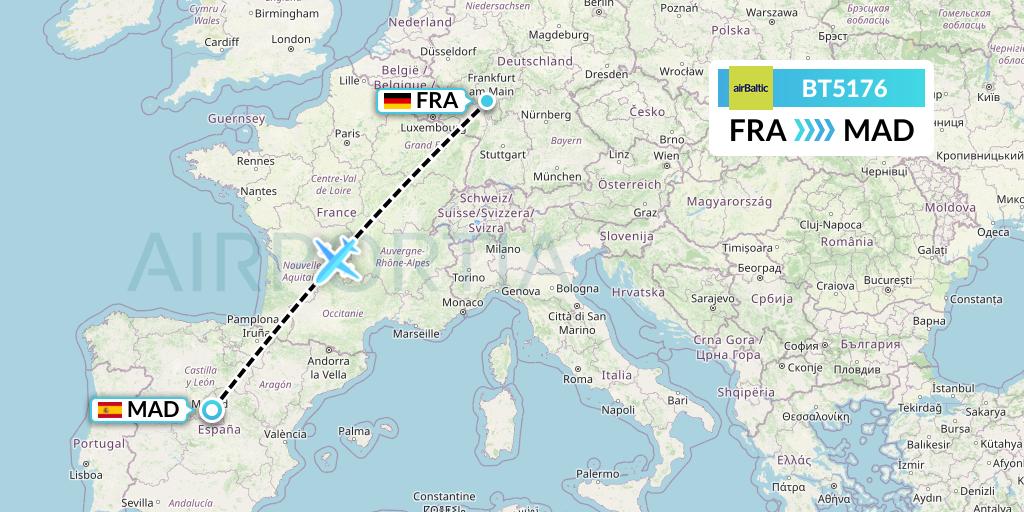 BT5176 Air Baltic Flight Map: Frankfurt to Madrid
