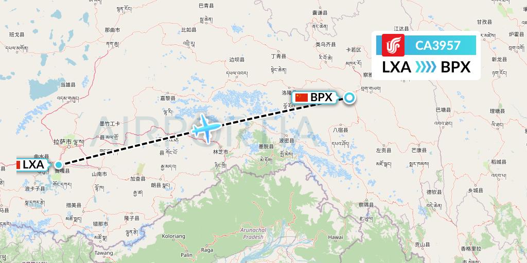 CA3957 Air China Flight Map: Lhasa to Bangda