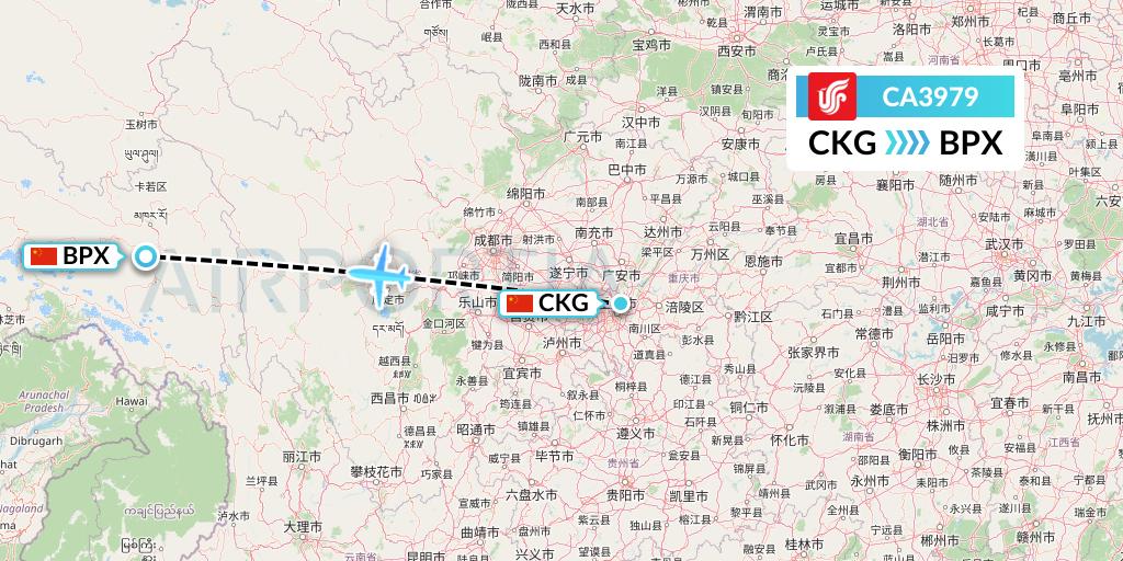 CA3979 Air China Flight Map: Chongqing to Bangda