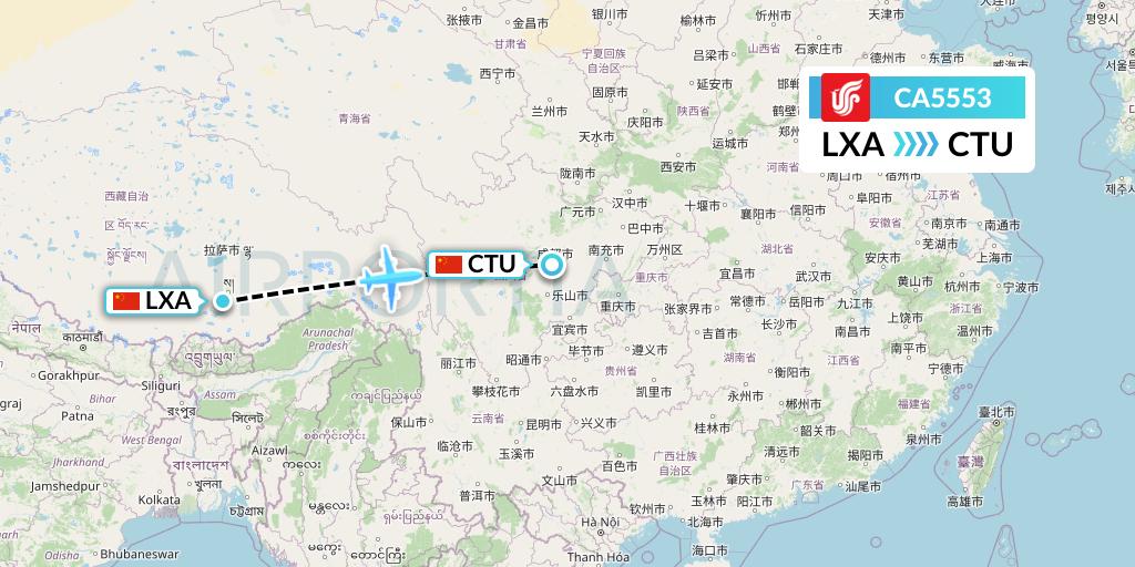 CA5553 Air China Flight Map: Lhasa to Chengdu