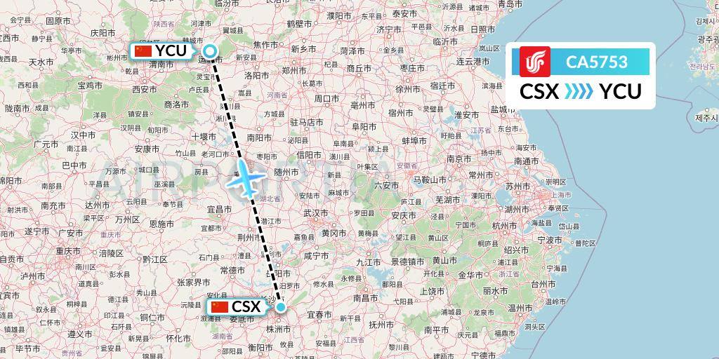 CA5753 Air China Flight Map: Changsha to Yuncheng