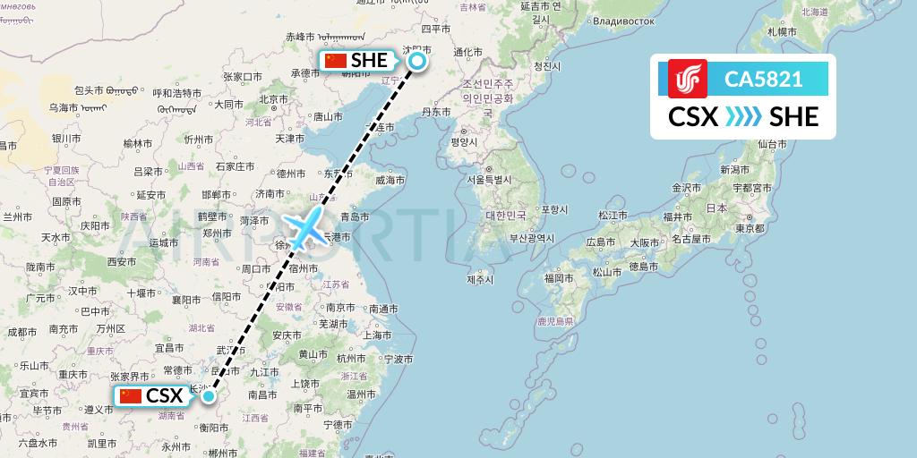 CA5821 Air China Flight Map: Changsha to Shenyang