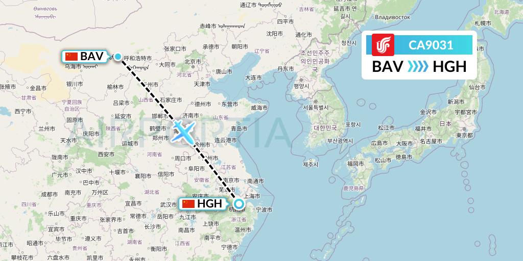 CA9031 Air China Flight Map: Baotou to Hangzhou