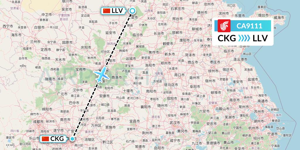 CA9111 Air China Flight Map: Chongqing to Kunming
