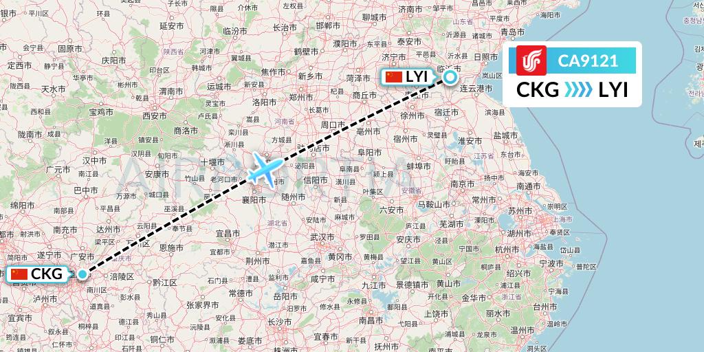 CA9121 Air China Flight Map: Chongqing to Linyi
