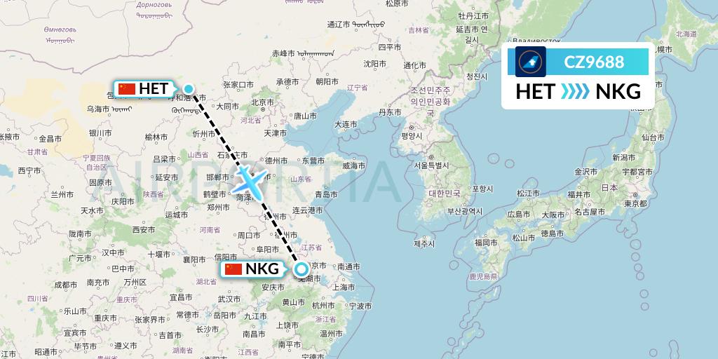 CZ9688 China Southern Airlines Flight Map: Hohhot to Nanjing