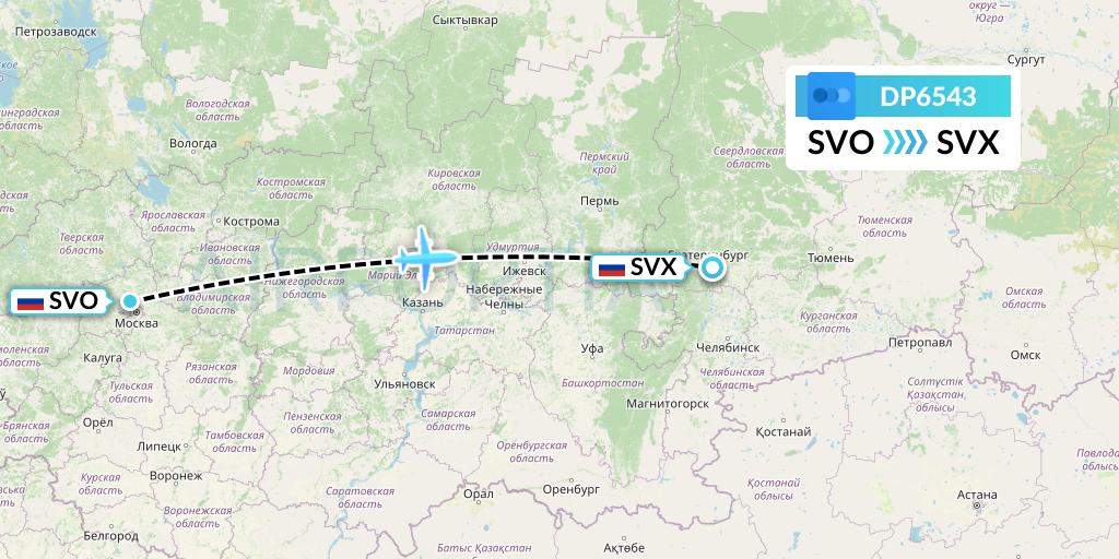 DP6543 Pobeda Flight Map: Moscow to Yekaterinburg