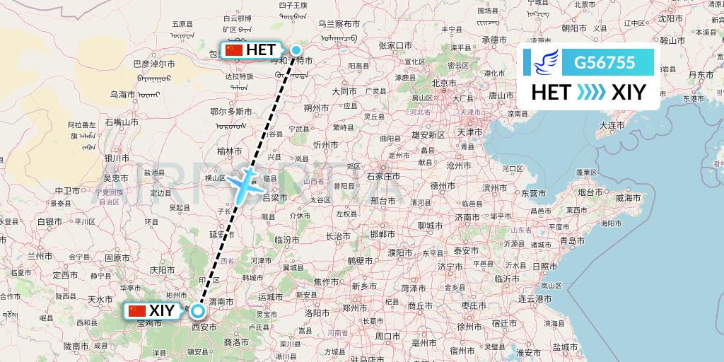 G56755 China Express Airlines Flight Map: Hohhot to Xi'an