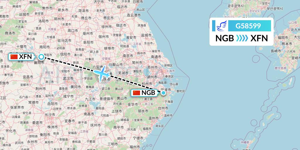 G58599 China Express Airlines Flight Map: Ningbo to Xiangyang