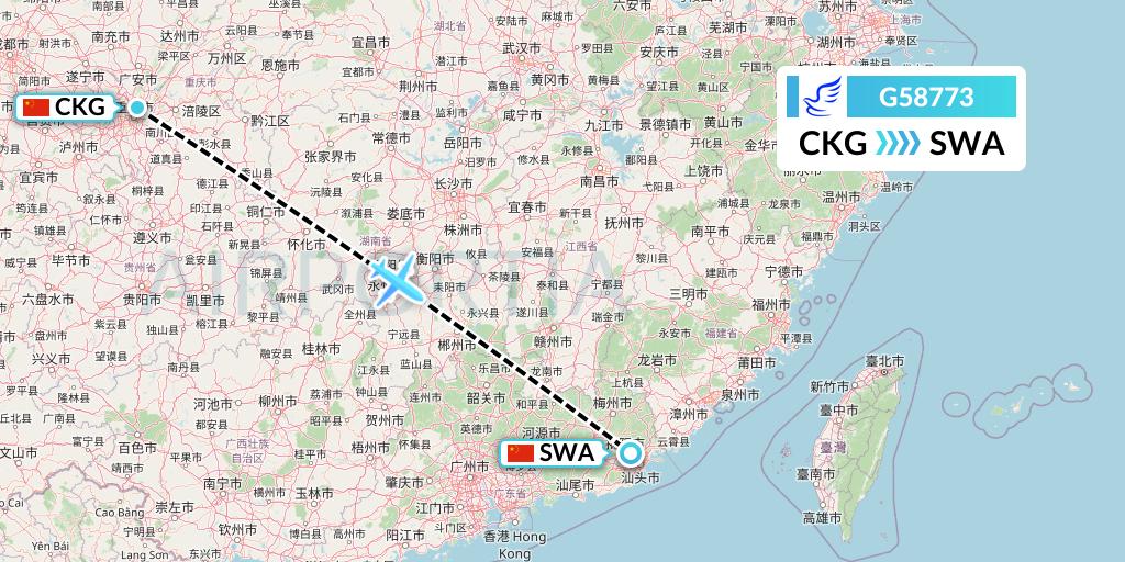 G58773 China Express Airlines Flight Map: Chongqing to Jieyang