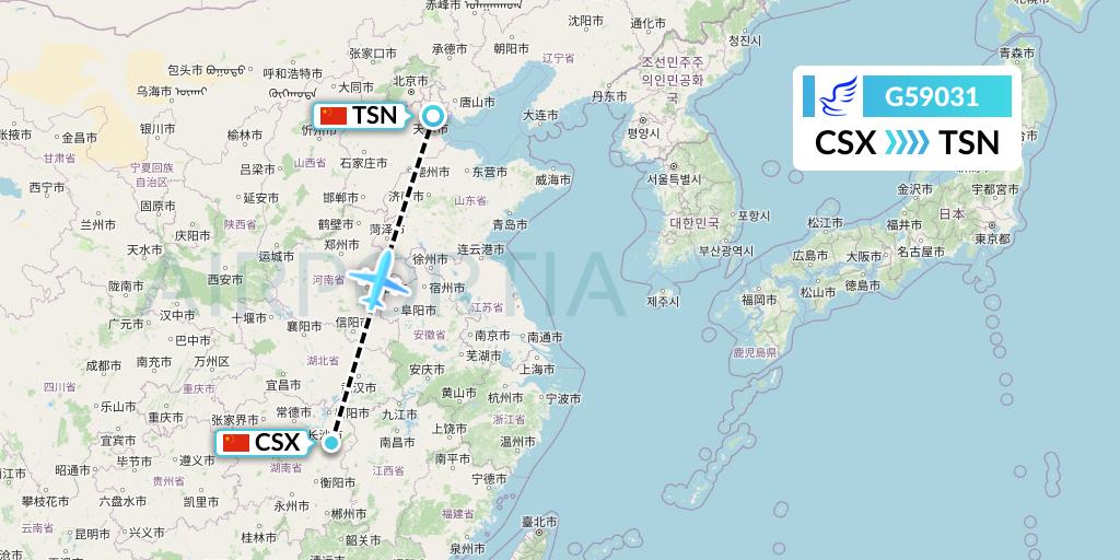 G59031 China Express Airlines Flight Map: Changsha to Tianjin