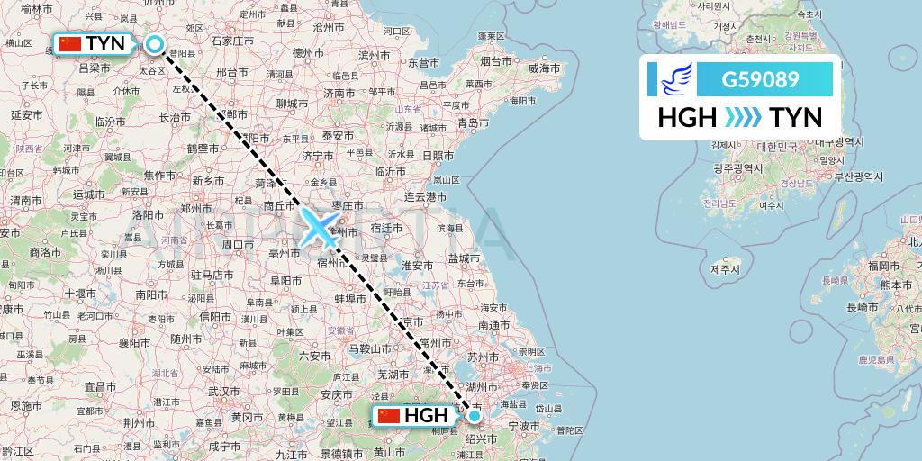 G59089 China Express Airlines Flight Map: Hangzhou to Taiyuan