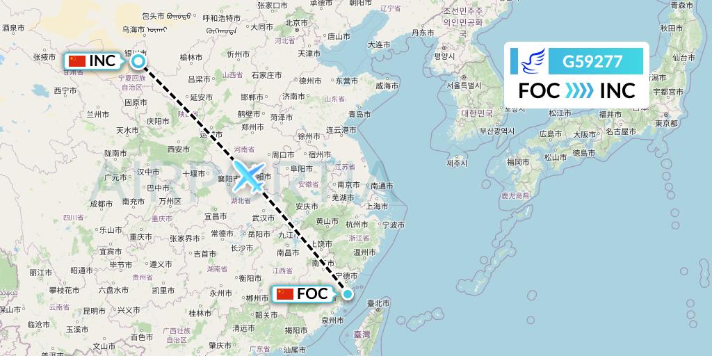 G59277 China Express Airlines Flight Map: Fuzhou to Yinchuan