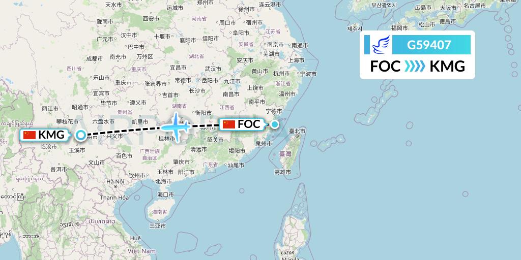 G59407 China Express Airlines Flight Map: Fuzhou to Kunming