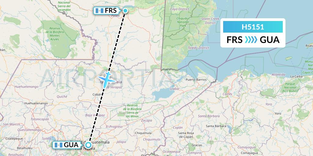 H5151 MAVIAL - Magadan Airlines Flight Map: Flores to Guatemala City