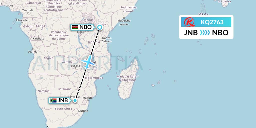 KQ2763 Kenya Airways Flight Map: Johannesburg to Nairobi
