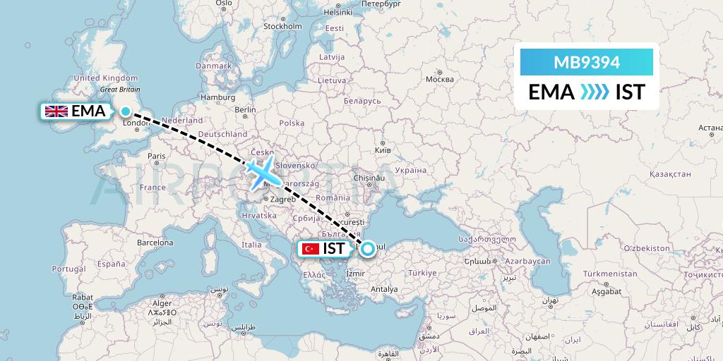 MB9394 MNG Airlines Flight Map: East Midlands to Istanbul