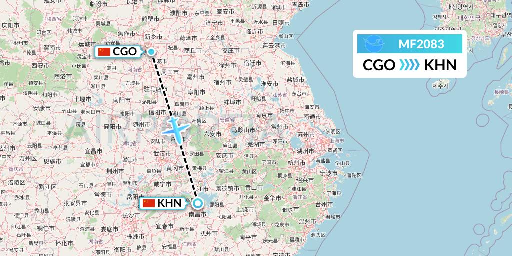 MF2083 Xiamen Airlines Flight Map: Zhengzhou to Nanchang