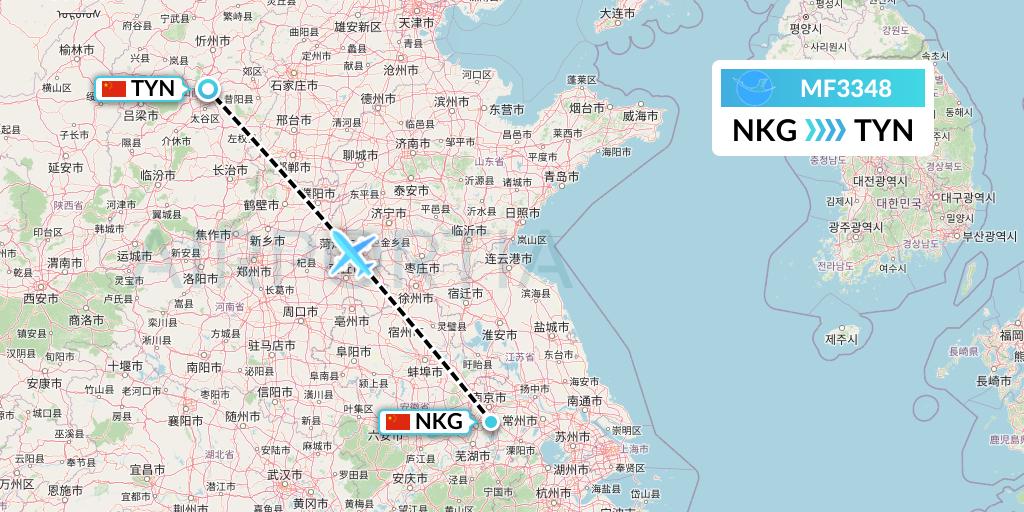 MF3348 Xiamen Airlines Flight Map: Nanjing to Taiyuan