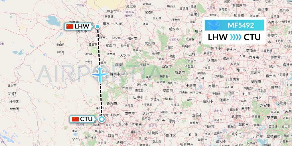 MF5492 Xiamen Airlines Flight Map: Lanzhou to Chengdu