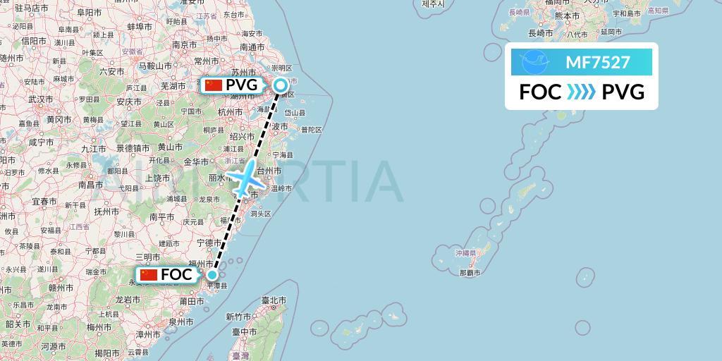 MF7527 Xiamen Airlines Flight Map: Fuzhou to Shanghai