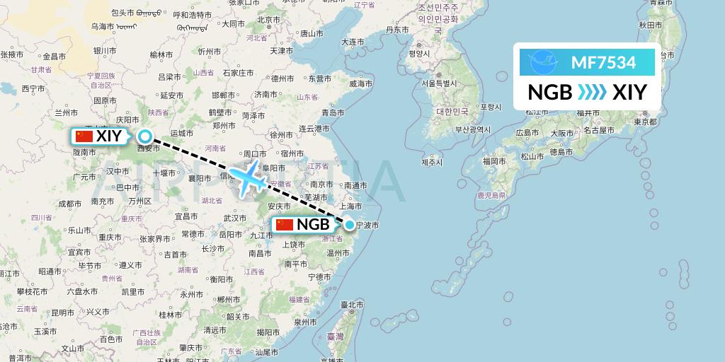 MF7534 Xiamen Airlines Flight Map: Ningbo to Xi'an