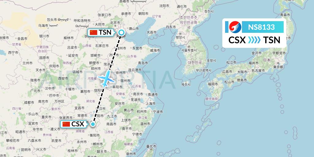 NS8133 Hebei Airlines Flight Map: Changsha to Tianjin
