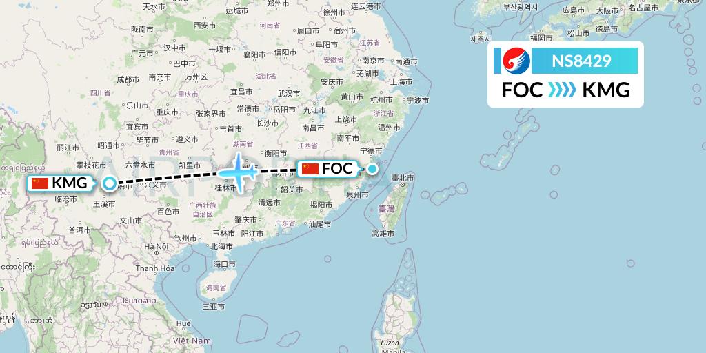 NS8429 Hebei Airlines Flight Map: Fuzhou to Kunming