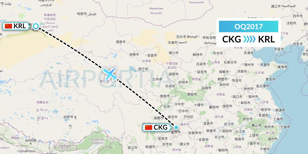OQ2017 Chongqing Airlines Flight Map: Chongqing to Korla