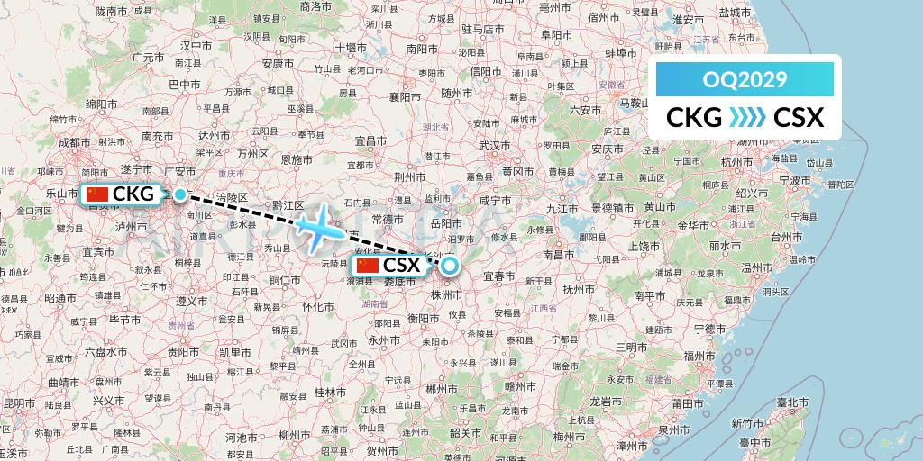 OQ2029 Chongqing Airlines Flight Map: Chongqing to Changsha