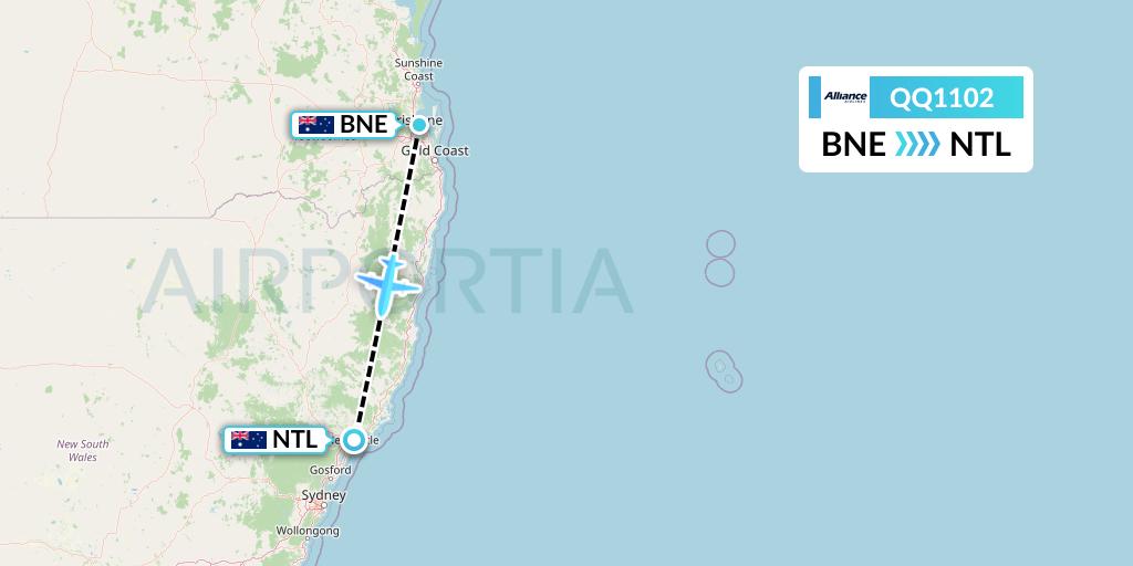 QQ1102 Alliance Airlines Flight Map: Brisbane to Newcastle