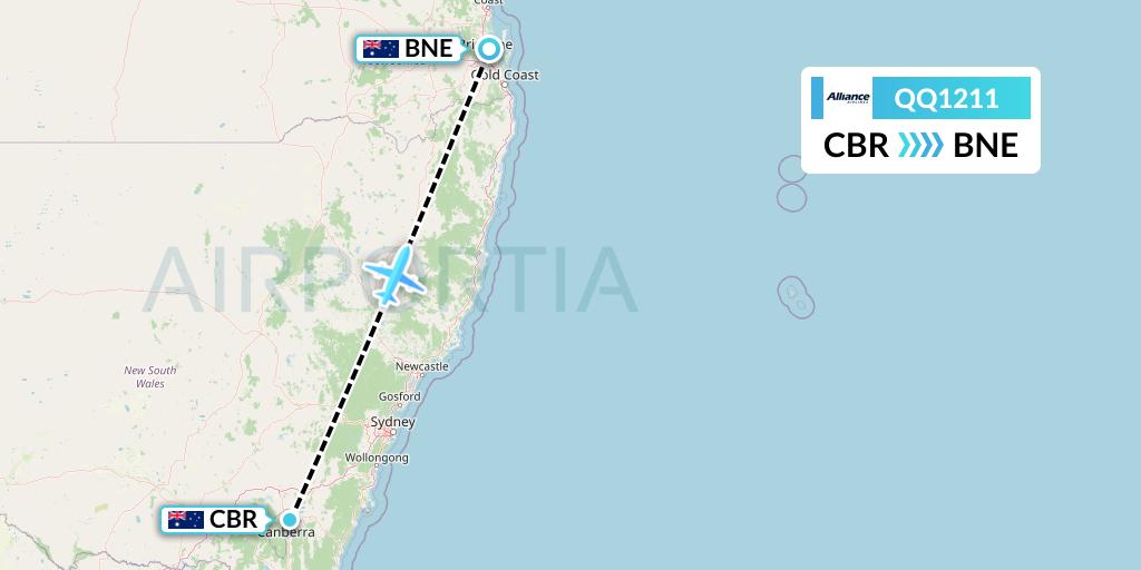 QQ1211 Alliance Airlines Flight Map: Canberra to Brisbane