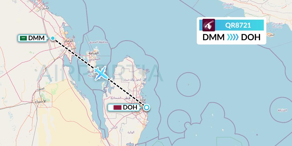QR8721 Qatar Airways Flight Map: Dammam to Doha