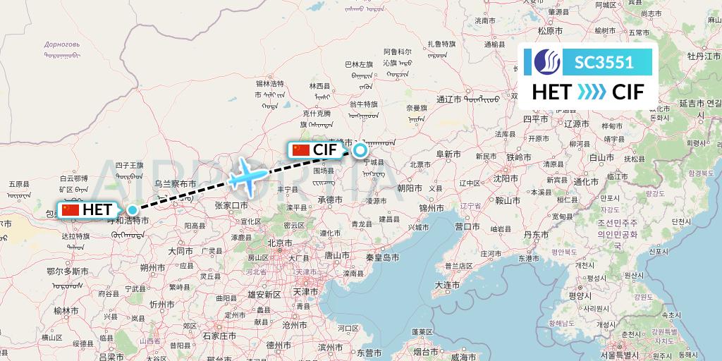 SC3551 Shandong Airlines Flight Map: Hohhot to Chifeng