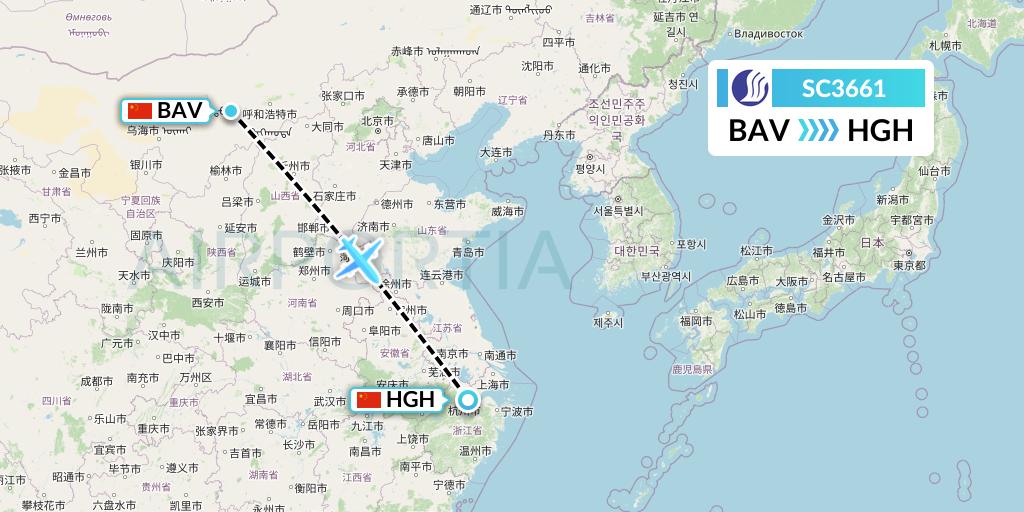 SC3661 Shandong Airlines Flight Map: Baotou to Hangzhou